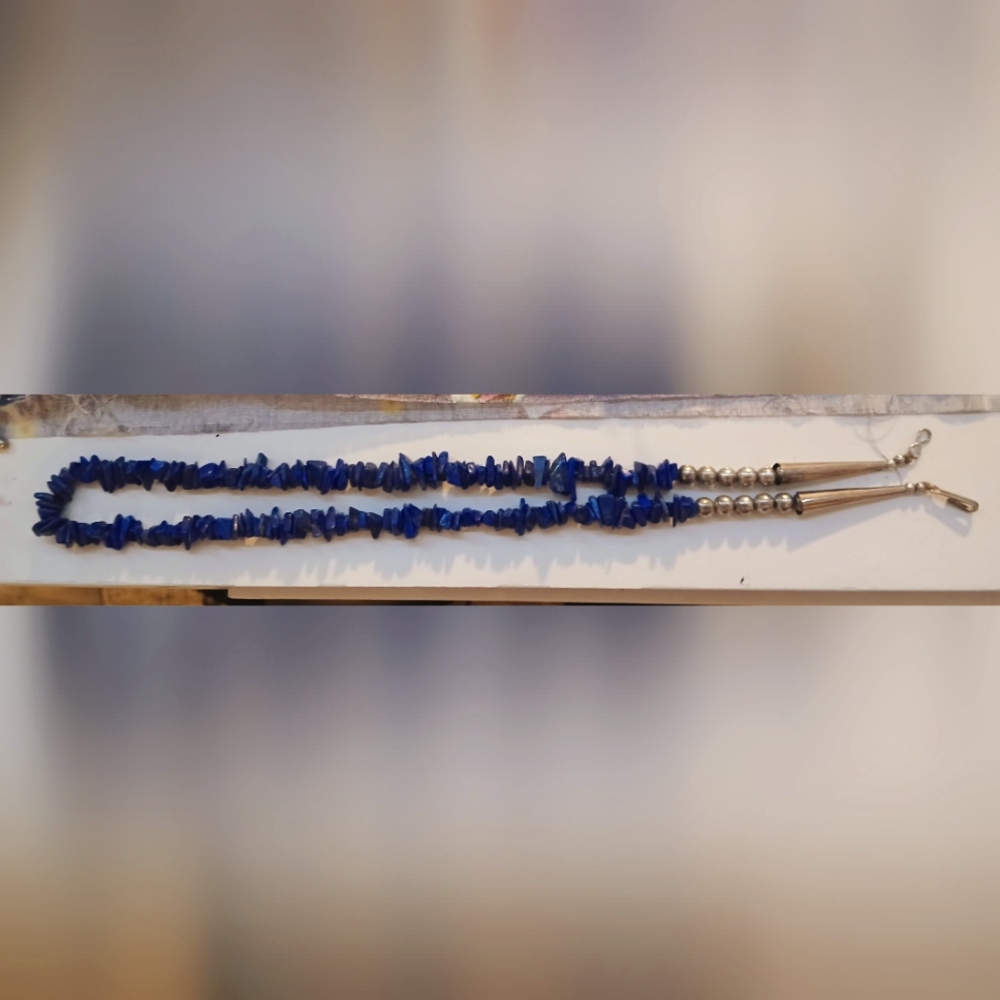 Native American Lapis Lazuli chip necklace with silver beads and cones
